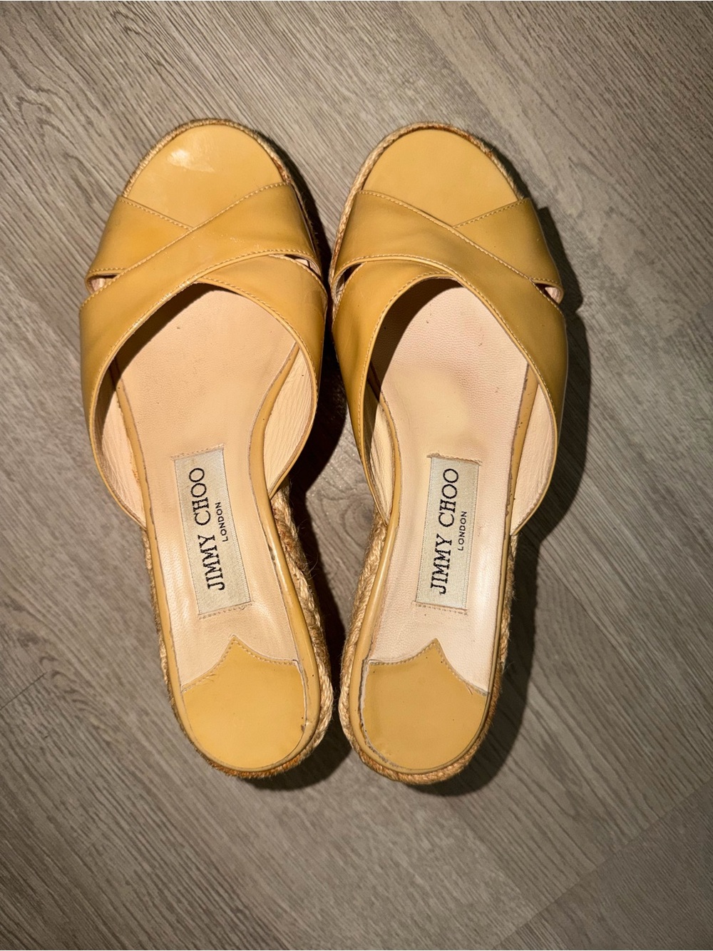 Jimmy Choo Yellow Leather Crisscross Espadrille Mules
